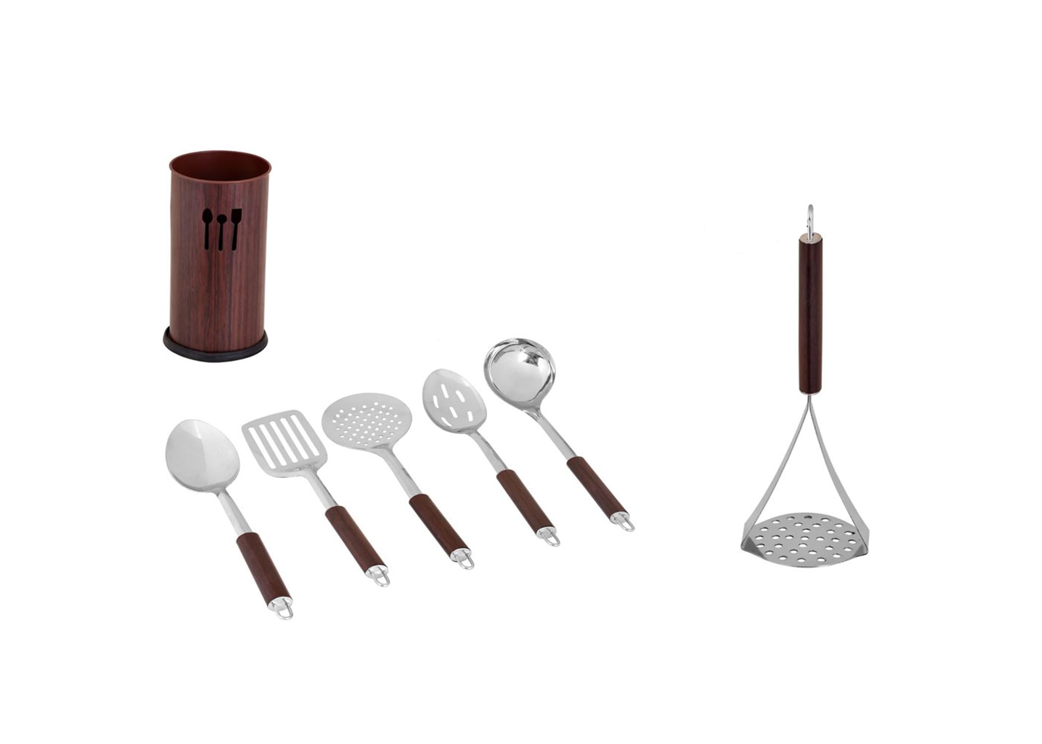 Kosma Kitchen Utensil Set including Holder, 7-Piece Stainless Steel and Wood Finish Handle Cooking Tools, Brown