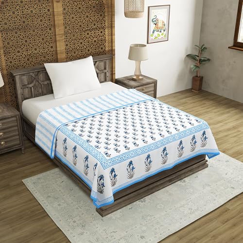 Image of BLOCKS OF INDIA Hand Block Printed Cotton Single Size Reversible Malmal Dohar for Summer (Blue Grey BUTI)