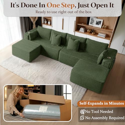 Image of 138 inch Cloud Sectional Couch, Comfort U Shaped Sofa for Living Room, Extra Deep Seats No Assembly, Minimalist Modular Couch, Corduroy (Olive Green, 6 Seats,U-Shape A)