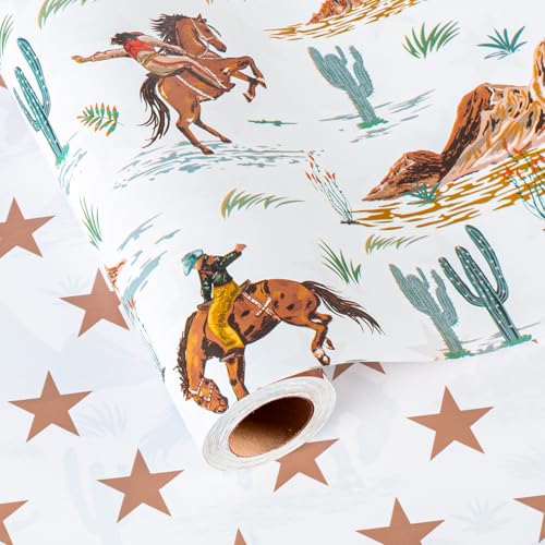 Homeral Reversible Cowboy Wrapping Paper Roll - 17In x 16.5Ft Western Gift Wrap with Rodeo Horse and Star Pattern for Boys Birthday Fathers Day Bachelor Party Christmas Farm Theme Holiday