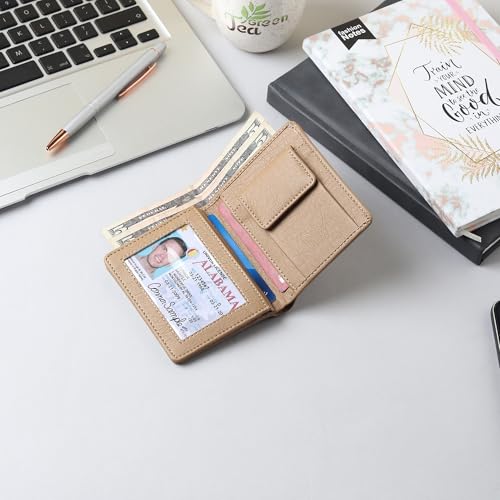 Image of VEMILIO Vegan Leather Wallet for Men & Women | 6 Card Slots | ID Window | Coin Pocket | 2 Hidden & 2 Currency Compartments | Durable Slim Bifold Purse (Beige)