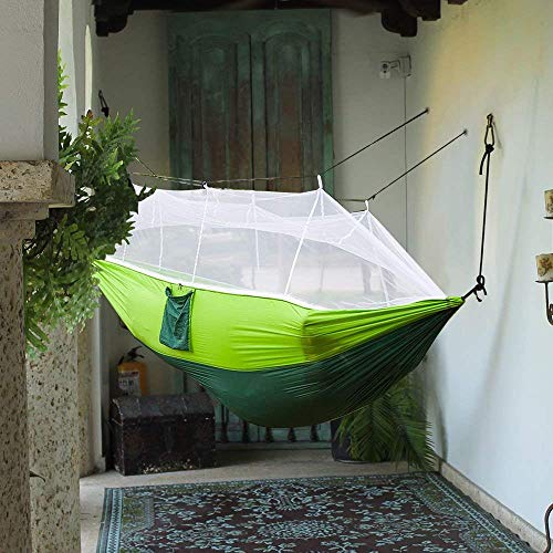 Image of DOLPHY Nylon Portable Camping Hammock with Mosquito Net for Hiking Travel Green & Perot