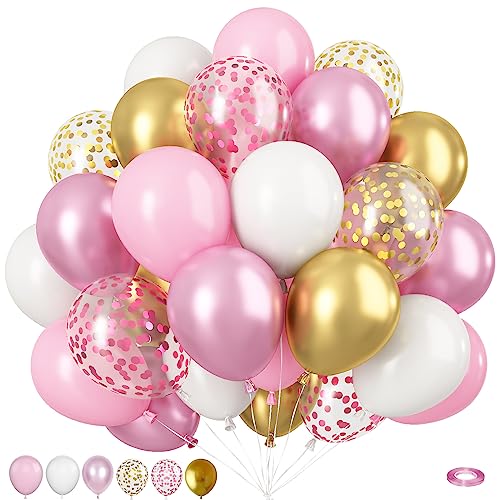 Image of Pink and Gold Balloons, 12 Inch Pink White Metallic Chrome Gold Confetti Pink Latex Balloons with Ribbon Pink Gold Party Balloons Set for Girls Baby Shower Birthday Princess Party Decorations