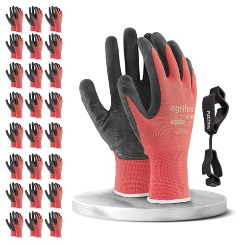 FUZZIO 24 pares de guantes de trabajo recubiertos y porta clip para guantes (L - 9, Rojo)