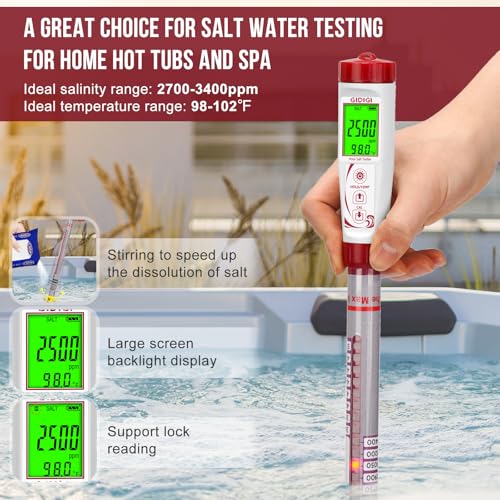 Image of Digital Pool Salt Tester Long Probe Salinity Meter for Saltwater | Pool 13in Long Probe, 0-5000PPM, Accurate Salt Test Kit Truncheon for Hot Tub,Spa, Freshwater Fish Tank, Koi Pond
