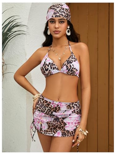 Image of Women's 4 Piece Polka Dots Bathing Suits Cover Up Skirt & Bandana | Halter Bikini Sets, Sexy Bathing Suit, Beach Skirt, Leopard, Paisley, Tropical, Summer