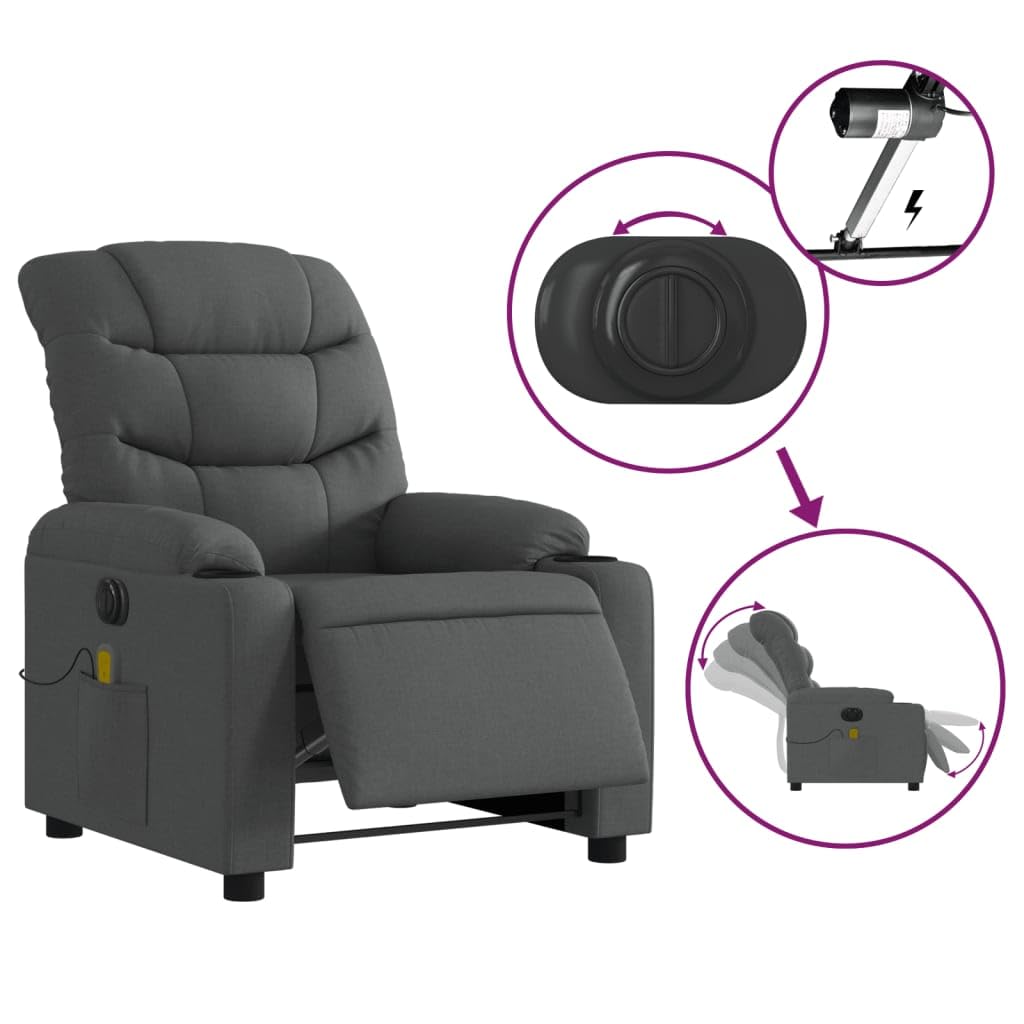 Sillón Reclinable de Masaje Eléctrico, Sillón Orejero Ajustable, Asiento para Personas Mayores, Tela Color Gris Oscuro