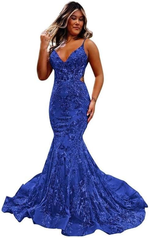 Lace Applique Prom Dresses Spaghetti Straps Mermaid Maxi Dress Tulle Formal Evening Party Gown with Train F113