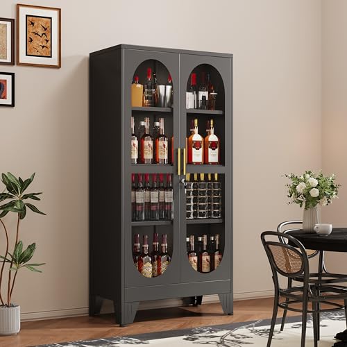 GAIOUS 61 Tall Metal Curio Cabinet Display Cabinet with Glass Door 4 Tier Liquor Cabinet with 3 Adjustable Shelves Locking Glass Display Case for Collectibles Showcase Storage Cabinets Black