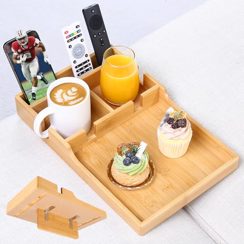 Acanacle Couch Tray Insert for Middle Seat Bamboo Couch Table with 2 Cup Holders Fits Armless Sofa & Sectionals Fold-Flat Tray for Drinks Snacks & Remotes Natural Bamboo