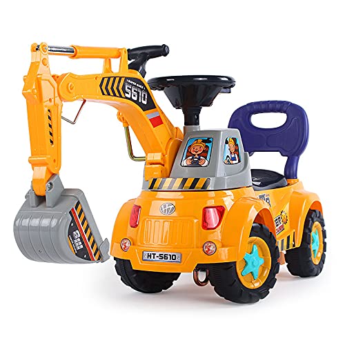 Mostop Ride On Excavator, Pretend Play Digger Scooter Ride-on Construction Truck Vehicle, 2 in 1 Full Functional Toddler Pulling Cart Riding Excavator Car Toy with Sounds for Kids Boys and Girls