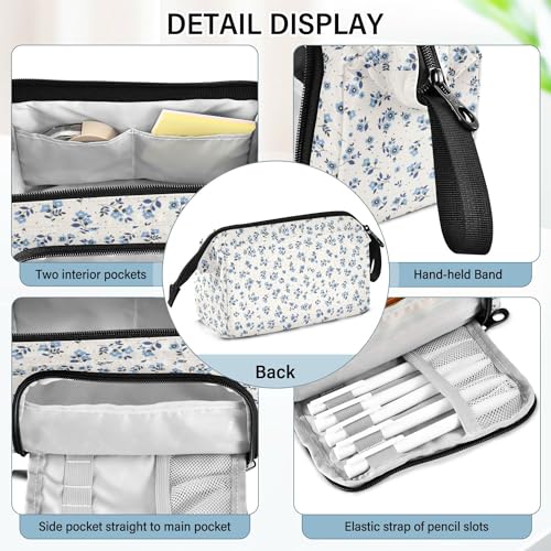 Image of Fisyme Floral Blue Flowers Pencil Case Large Capacity Pencil Pouch Pen Bags Box Big Makeup Pencil Case Organizer