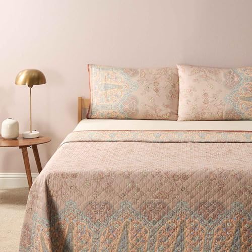Bassetti Granfoulard   Colcha para cama de matrimonio de dos plazas, 100% algodón, 265 x 255 cm   Primavera   Verano (Indian Roses Beige)