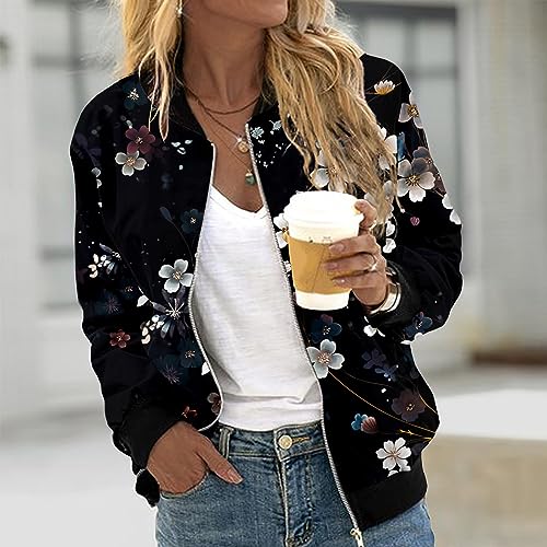 Bomber Jackets for Women Long Sleeve Zip Up Floral Printed Waterproof Coats with Pockets Casual Inspired Jacket4