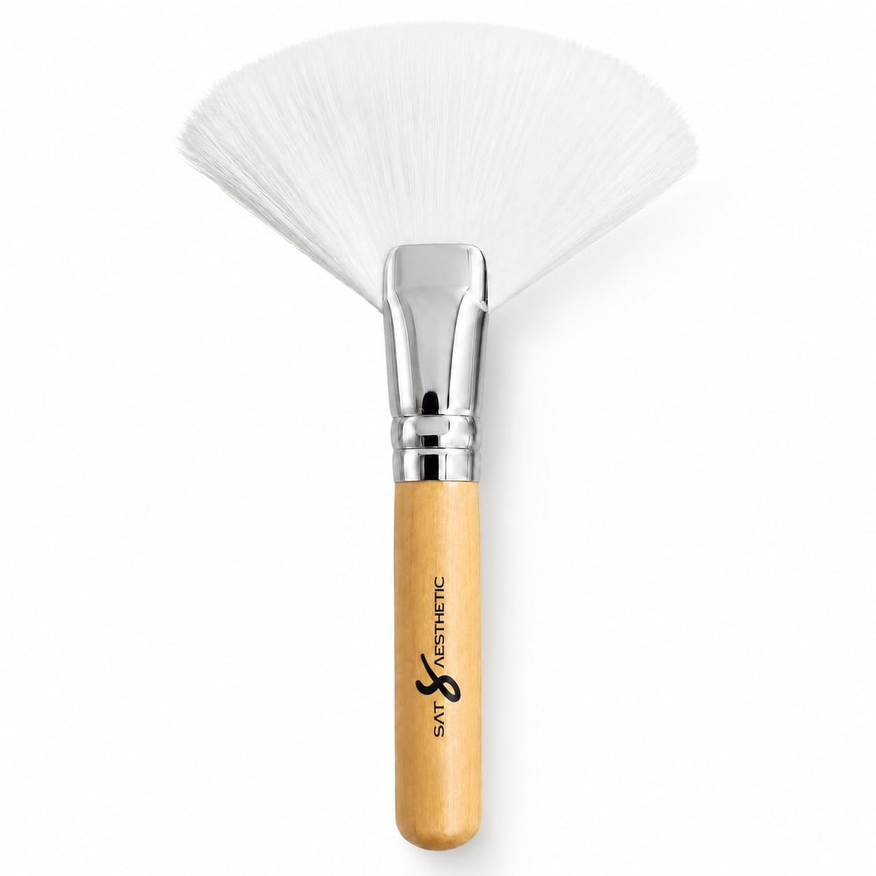sat aesthetic mini esthetician fan brush for facial | professional small synthetic fiber facial brush with white bristles & wooden handle | cosmetic brush for mask, chemical peel, gel, serum & skincare