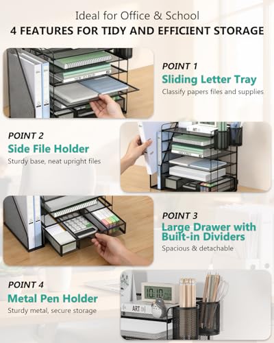 Image of WALI Desk File Organizer, 6 Tier Desktop Paper Letter Tray Organizer with Drawer and 2 Pen Holders, Office Desk Accessories & Workspace Organizers for Office, Home Supplies(DO007DH-B), 1 Pack, Black