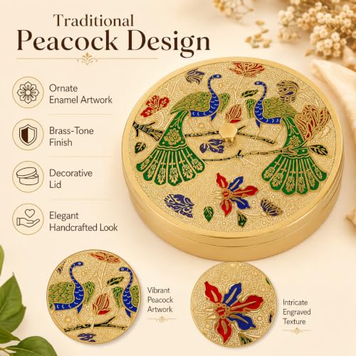 Image of Brass Spice Box with Peacock Lid & Spoon | Handcrafted Round Masala Dabba with 7 Containers | Traditional Brass Masala Box for Kitchen | Masala Dani for Kitchen Stylish