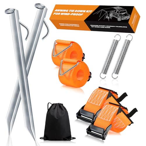 Sturmband für Vorzelt & Markise 5cm Breites Gurtband 38cm Erdanker Sturmsicherung vorzelt Sturmbänder für Markisen Abspanngurte Markise Wohnmobil Abspannseile camping mit S-Haken und T-Verbinder