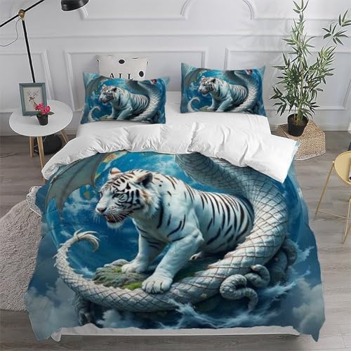 Housse de couette microfibre imprimé 3D tigre et dragon avec taies d'oreiller - 6