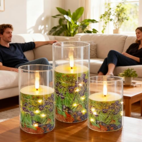 Image of Flickering Flameless Candles, Recessed String Light LED Candles Acrylic Battery Operated LED Pillar Candles with Remote Van Gogh Art Painting Style for Home Decor Set of 3((Irises Printed)