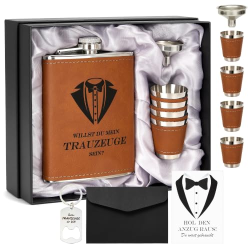 Flachmann mit Gravur 8oz Edelstahl Geschenkset für Trauzeuge und Trauzeugin Schwarze Geschenkbox mit 4 Bechern und Trichter Personalisiertes Hochzeitsgeschenk für Männer und Frauen (Braun)