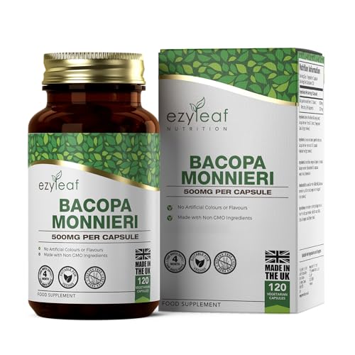Ezyleaf Bacopa Monnieri 500mg High Strength Bacopa 120 Capsules | Bacopa-Extract Ayurvedic Brahmi Powder Capsules | Vegan Non-GMO Allergen & Gluten Free | Made in UK