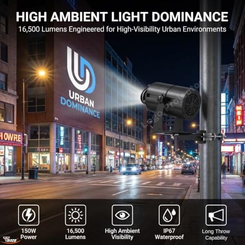 Image of TONZO 150W LED Logo Projector Light, 16500 Lumens, 7-45ft Range, 1 Custom Lens, IP67 Waterproof Outdoor GOBO Projector with Remote, Static & Rotating Signage Light for Shop Event Business Storefront