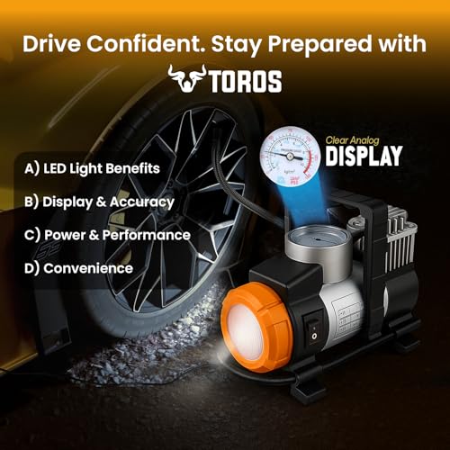 Image of TOROS Topper Heavy-Duty Tyre Inflator /Air Compressor with Auto Cut-Off & LED Light,120 Watts, Copper Armature, Metal Cylinder, 35 Liters Per Minute, 12V Dc, 150 Psi with 15 Months warranty (TOPPER)