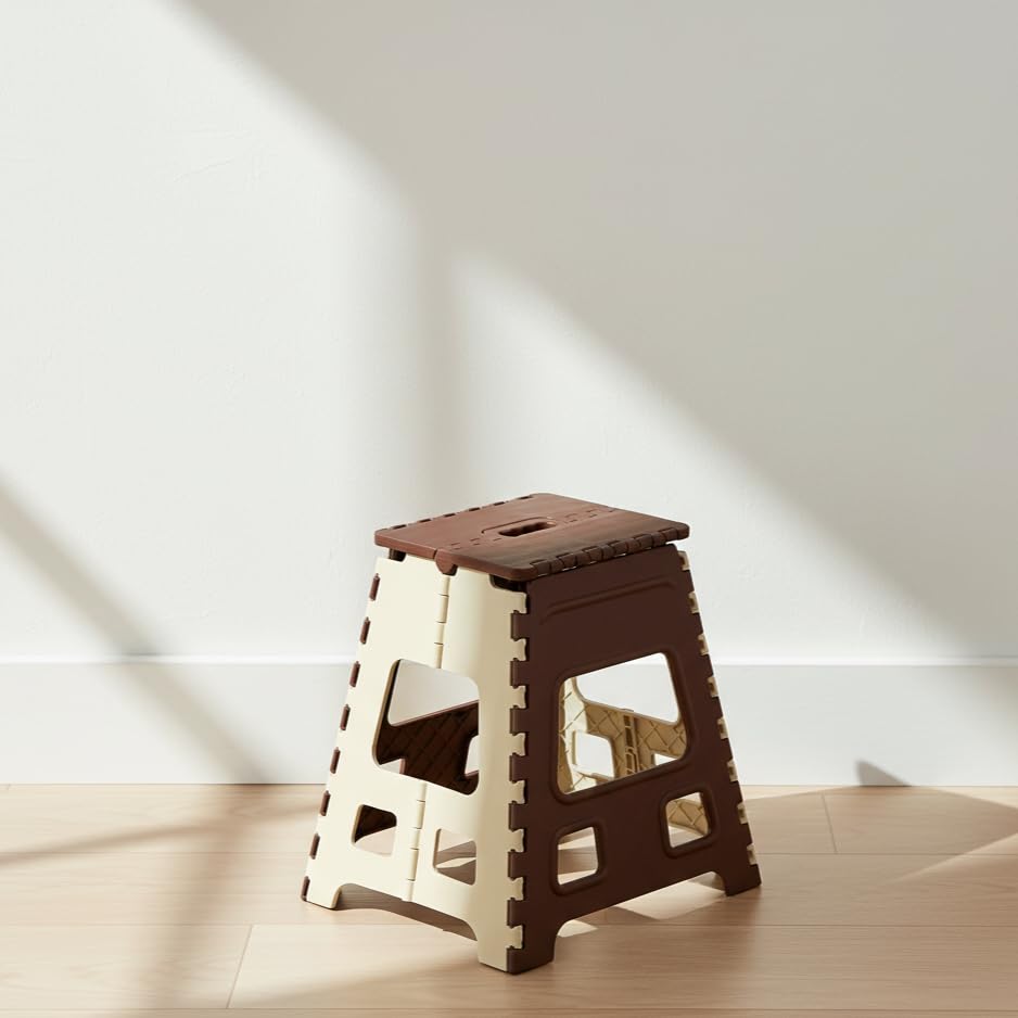 Image of U-MAX 18 Inch Folding Step Stool, Portable, Heavy Duty Plastic with Anti-Slip Surface Space-Saving Foldable Stool for Kids & Adults (Brown-Ivory)