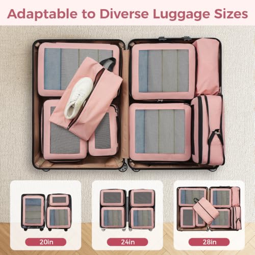Image of BAGAIL Compression Packing Cubes for Travel Essentials, 8 Set-Pink | Tear‑Resistant Fabric, Space‑Saving, Visible Mesh Panel, Vibrant Color Choices, Travel, Camping & Cruise, Home Storage