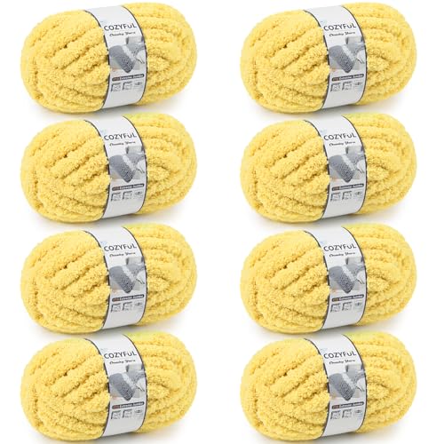 Cozyful Chunky Yarn for Hand Knitting - #10 Chunky Chenille Yarn Jumbo Big Thick Chunky Yarns for Crocheting Super Bulky Chunky Knit Blanket Yarns 8 Skein (22 yds 8 oz Each Skein) Yellow