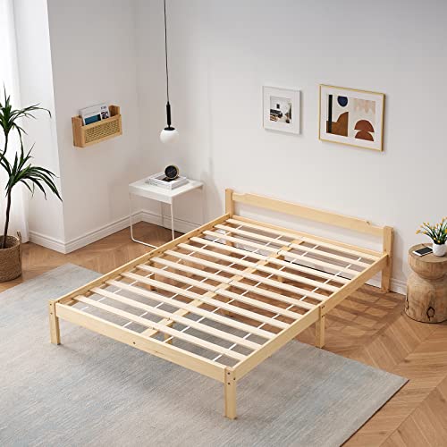 buybyroom Lit double 140 x 190 cm Lit en bois de pin avec tête de lit et pied haut - Blanc Cover
