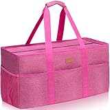 LHZK Stand Up Extra Large Utility Tote Bag with Lid, Utility Tote Bag with Metal Wire Frame and the Sides Rinforced, Reusable Grocery Bags Foldable, Beach Bag, Car Tote (Berry Red)