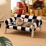 MEWOOFUN Erhöhtes Katzenbett Sofa aus Holz, 56x45cm robust großes Katzensofa – modischer Katzenstuhl mit abnehmbarem Matratzenbezug Belastbar mit 10 kg (Schachbrett, 56x45cm)