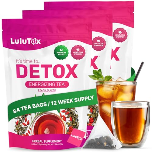 LULUTOX Detox Tea - Herbal Blend with Dandelion Ginseng and Ginger - Supports A Healthy Weight Digestive Health - Vegan All Natural Laxative-Free - Peach Flavor (3 Pack x 28 Servings)