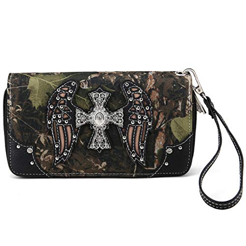 Camouflage Cross Wings Western Style Studded Handbag Tooled Leather Purse Country Women Shoulder Bag Pouch Wallet Set3