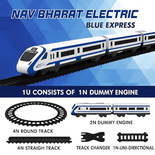 Image of Toy Train Vande Bharat Bullet Train Set for Kids - Big Size Battery Operated Electric Locomotive Toy with Interlocking Railway Tracks, Coaches, Track Changer - Nav Bharat Express Blue