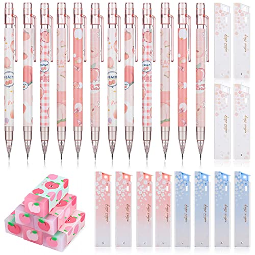 12 Pieces Kawaii Juice Peach Mechanical Pencil With 6 Cute Erasers And 12 Tube Hb Pencil Refills,Fruit,Set For Student Writing, Drawing, Sketching, Architecture (0.5Mm) #TOP22