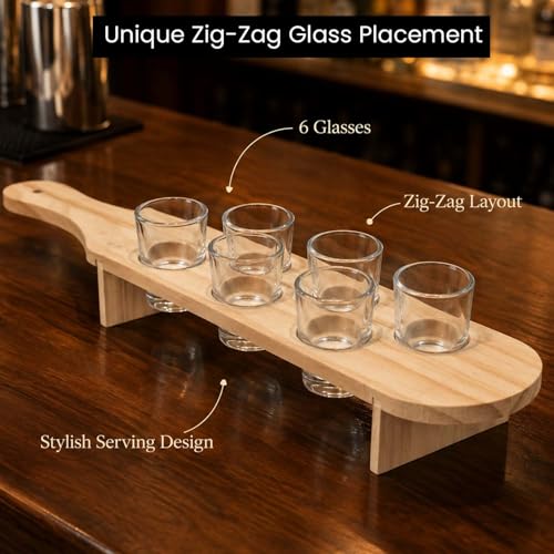 Image of Go Hooked Wooden Shot Glass & Paddle Set with 6 Glasses (30 ml Each), Serving Paddle Board with Holder Stand, Table Presentation Set for Parties, Gatherings, Hosting & Celebration Decor