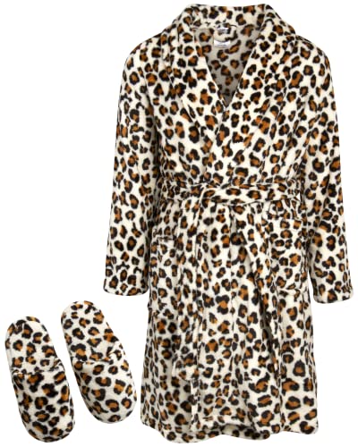Sweet & Sassy Girls? Robe And Fuzzy Slippers ? 2 Piece Plush Unicorn Bathrobe And Slipper Set (Sizes 4-14), Size 4-6, Leopard #TOP19
