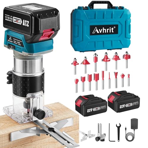 Avhrit Cordless Compact Wood Router, 21V Wood Router Tool with 2PCS 4.0Ah Batteries, Brushless Portable Handheld Palm Routers for Woodworking, Wood Trimmer Cutting with 15 Pieces 1/4" Router Bits Set 1 Avhrit Cordless Compact Wood Router, 21V Wood Router Tool with 2PCS 4.0Ah Batteries, Brushless Portable Handheld Palm Routers for Woodworking, Wood Trimmer Cutting with 15 Pieces 1/4" Router Bits Set