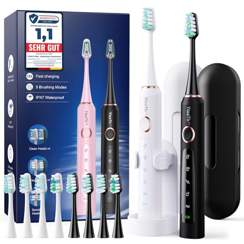Brosse À Dent Électrique Soniques Adultes - Lot De 2 Brosse A Dent Sonique avec 10 Têtes de Brosse et Étui de Voyage, 5 Modes, Étanche IPX7, Brosse A Dent...