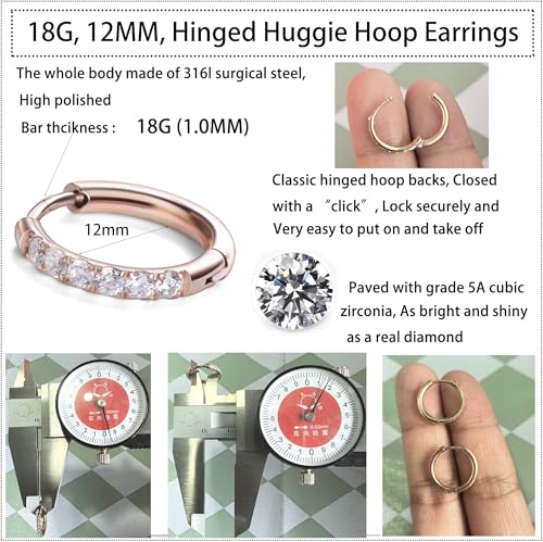 Image of Hypoallergenic Unisex Surgical Steel Small Cubic Zirconia Huggie Hoop Earring, Color Gold - Silver - Rose Gold - Black - Rainbow, Size 6mm- 12mm Safe for Sensitive Ear