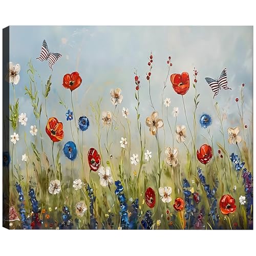 Image of Framed American Flag Butterfly Wildflower Wall Art, Patriotic Floral Canvas Art Pictures, USA Flag Wall Decor, Made in USA Ready to Hang for Living Room Bedroom