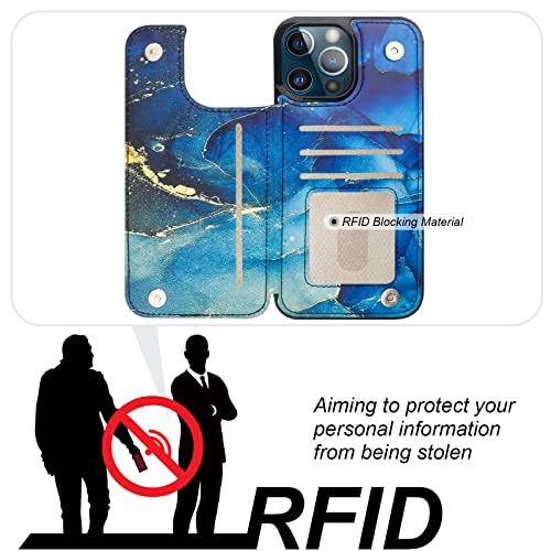 Image of HAOPINSH iPhone 13 Pro Max Wallet Case, Blue Marble PU Leather, Card Holder, Kickstand, Double Magnetic Clasp, Shockproof 6.7