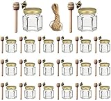 Adabocute 1.5 oz 20 pack Hexagon Mini Glass Honey Jars with Wood Dipper, Gold Lid, Bee Pendants, Jute - Perfect for Baby Shower, Wedding Favors, Party Favors
