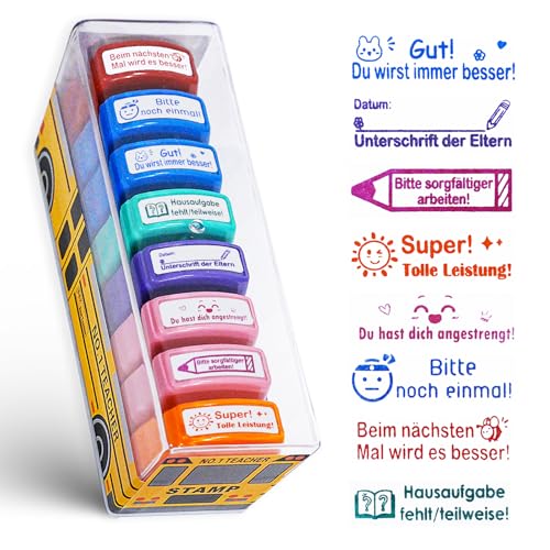 8er-Set Lehrer Stempel selbstfärbend mit Aufbewahrungsbox - Motivationsstempel für Lehrerinnen & Lehrer - bunte Korrekturstempel für Schule Unterricht & Homeschooling - Geschenkidee zum Lehrertag