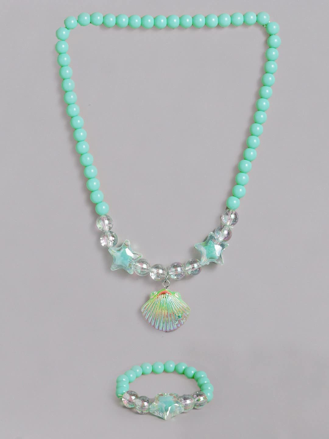El Regalo 1 Pair Girls Kids Colorful Jewelry Sets | Colorful Princess Star/Mermaid Beaded Necklace & Bracelet Sets, Princess Necklace Bracelet Set for Girls (Grassy Green Shell Jewelry Set) 4