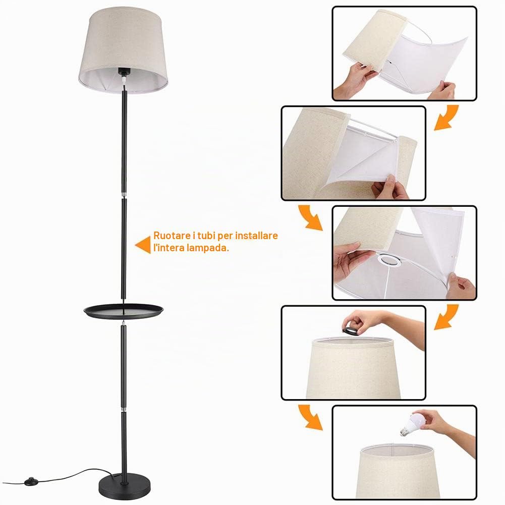 BAKAJI Lampada Piantana da Terra Luce Lampadina E27 Max 60W Base Rotonda Struttura in Metallo Paralume in Tessuto Design Moderno Accensione a Pedale Altezza 174 cm (Nero con Tavolino)