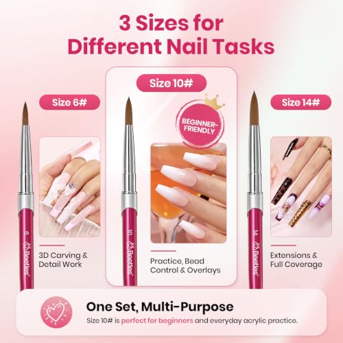 Image of Beetles Acrylic Nail Brush Set, 3Pcs Size 6 /10 /14 for Acrylic Powder | Includes 3 Size Brushes with a Steel Cleaning Comb for Acrylic Powder Application, Extensions, and 3D Carving DIY Nail Art